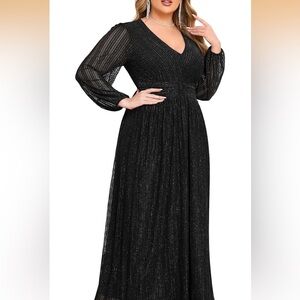 Elegant Black Shimmer Long Sleeve Maxi Dress - 18